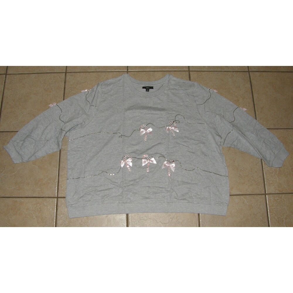 ELLOS Gray Plus Sz 30/32 Sequined Candy Canes Lightweight Holiday Sweatshirt NEW